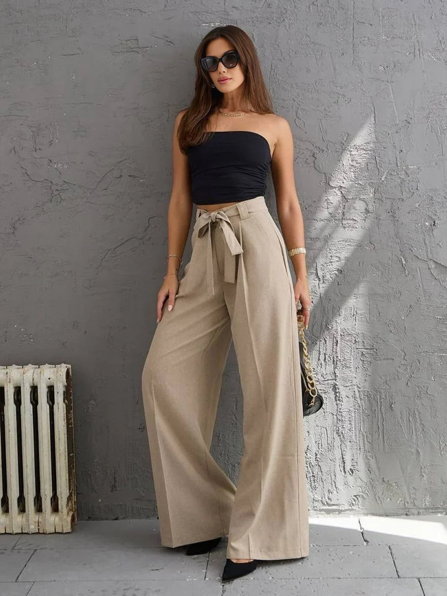 Solid Color Belted Straight Leg Pants