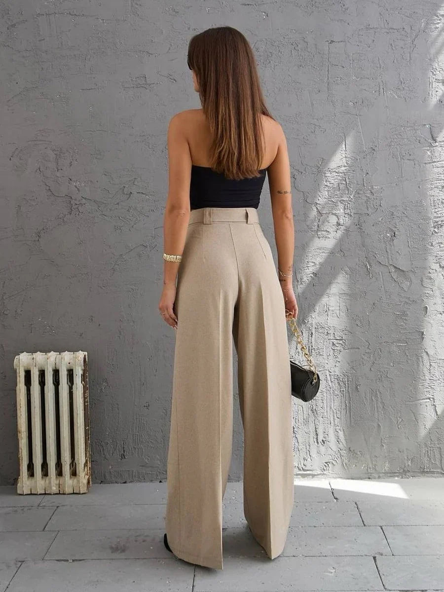 Solid Color Belted Straight Leg Pants