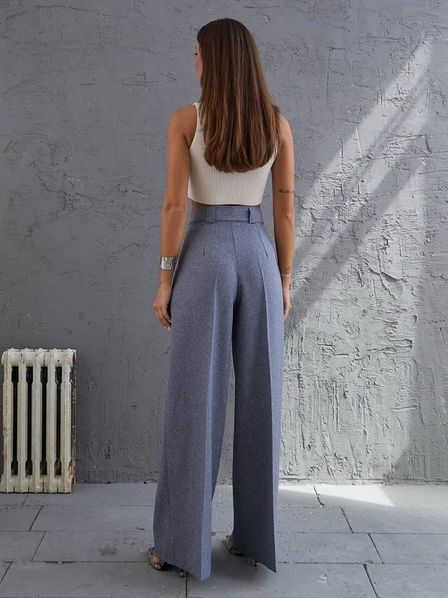 Solid Color Belted Straight Leg Pants