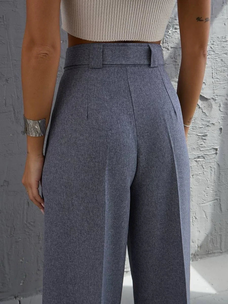 Solid Color Belted Straight Leg Pants