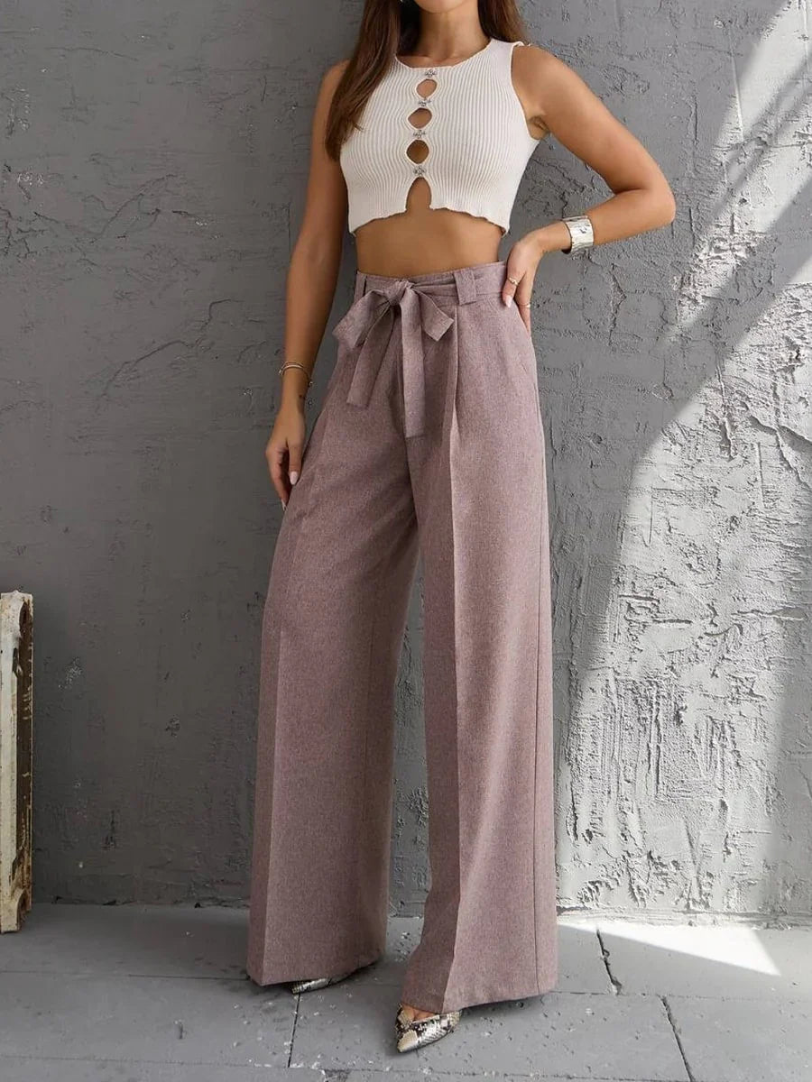 Solid Color Belted Straight Leg Pants