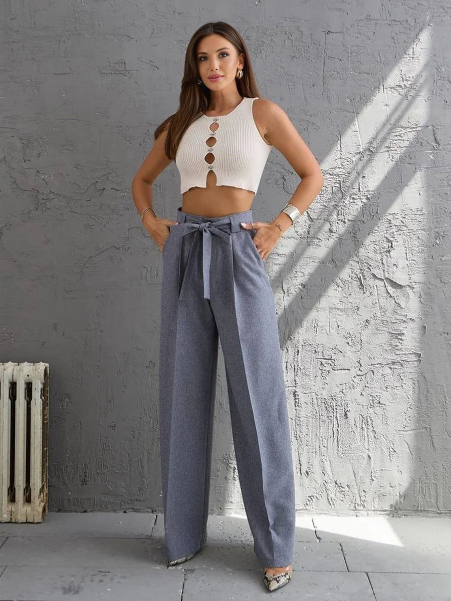 Solid Color Belted Straight Leg Pants