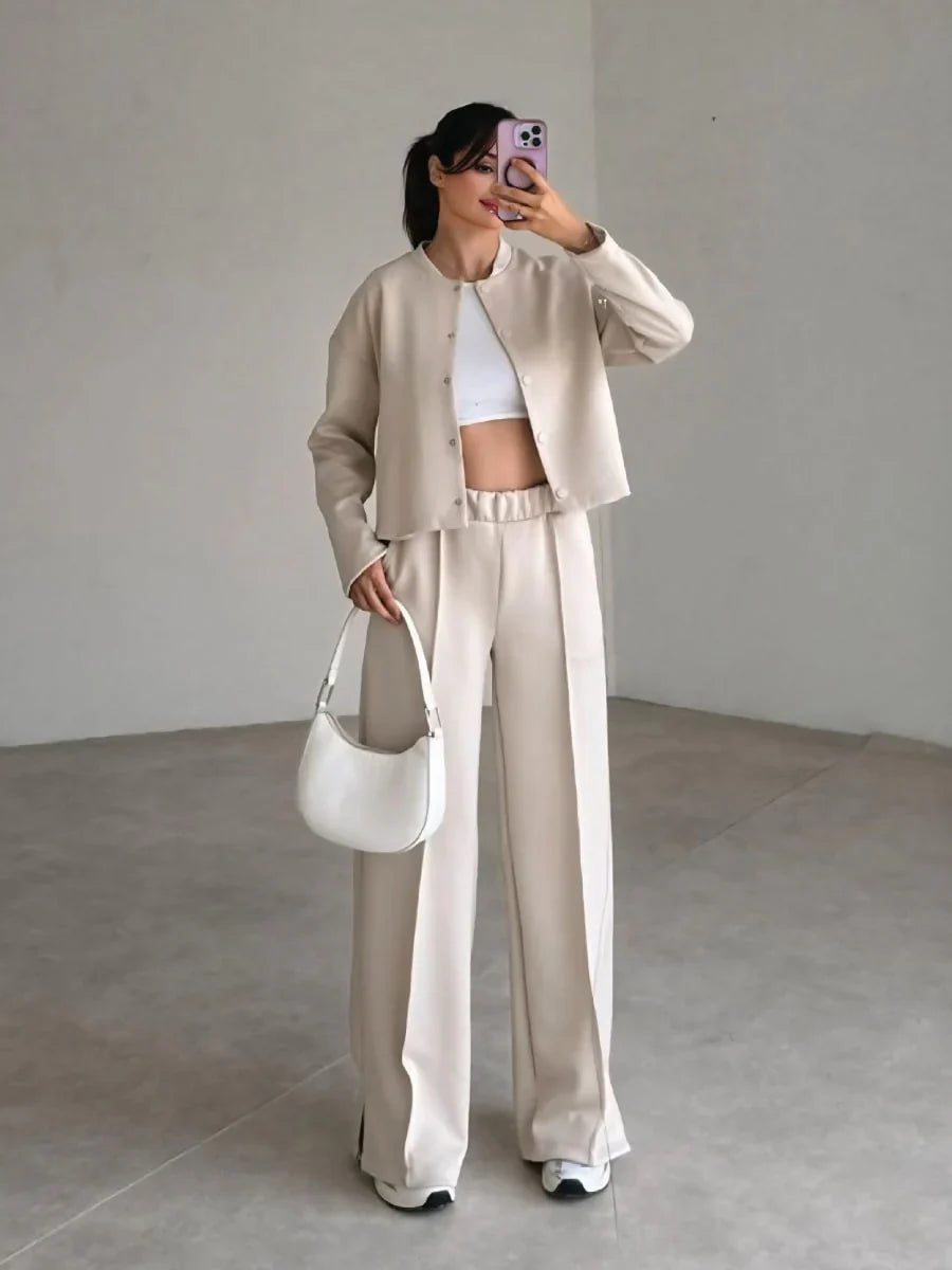 Casual Snap Button Baseball Jacket & Waistband Sweatpants