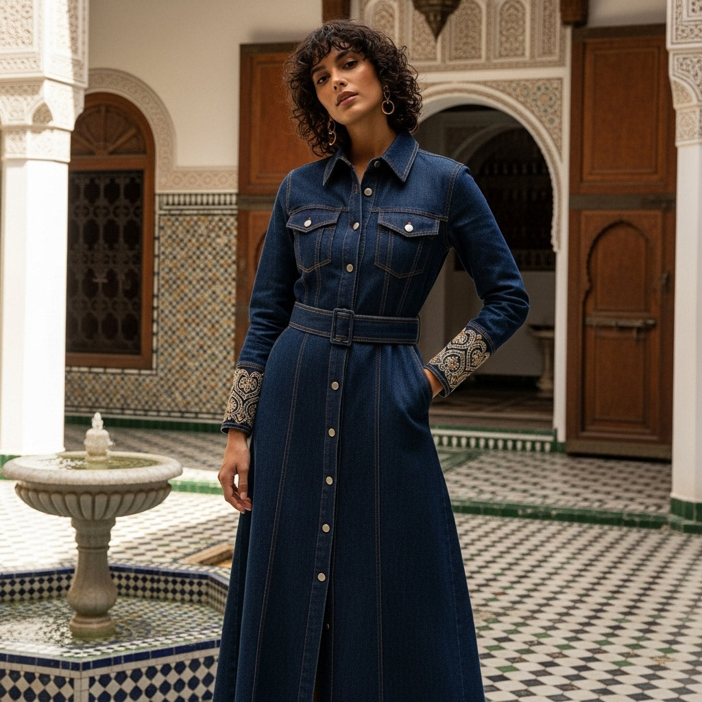 Denim Embroidered Maxi Dress