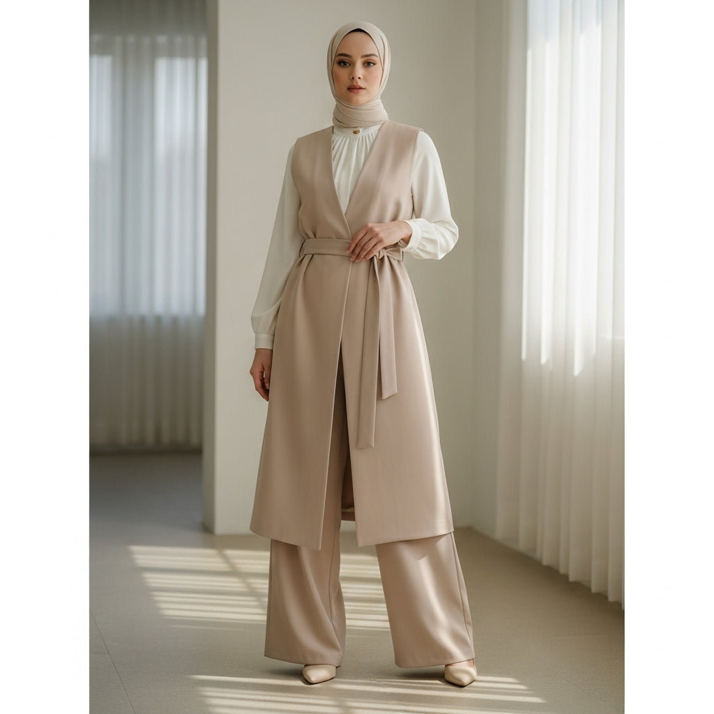 Sleeveless Belted Modest Set Beige 3 pièces
