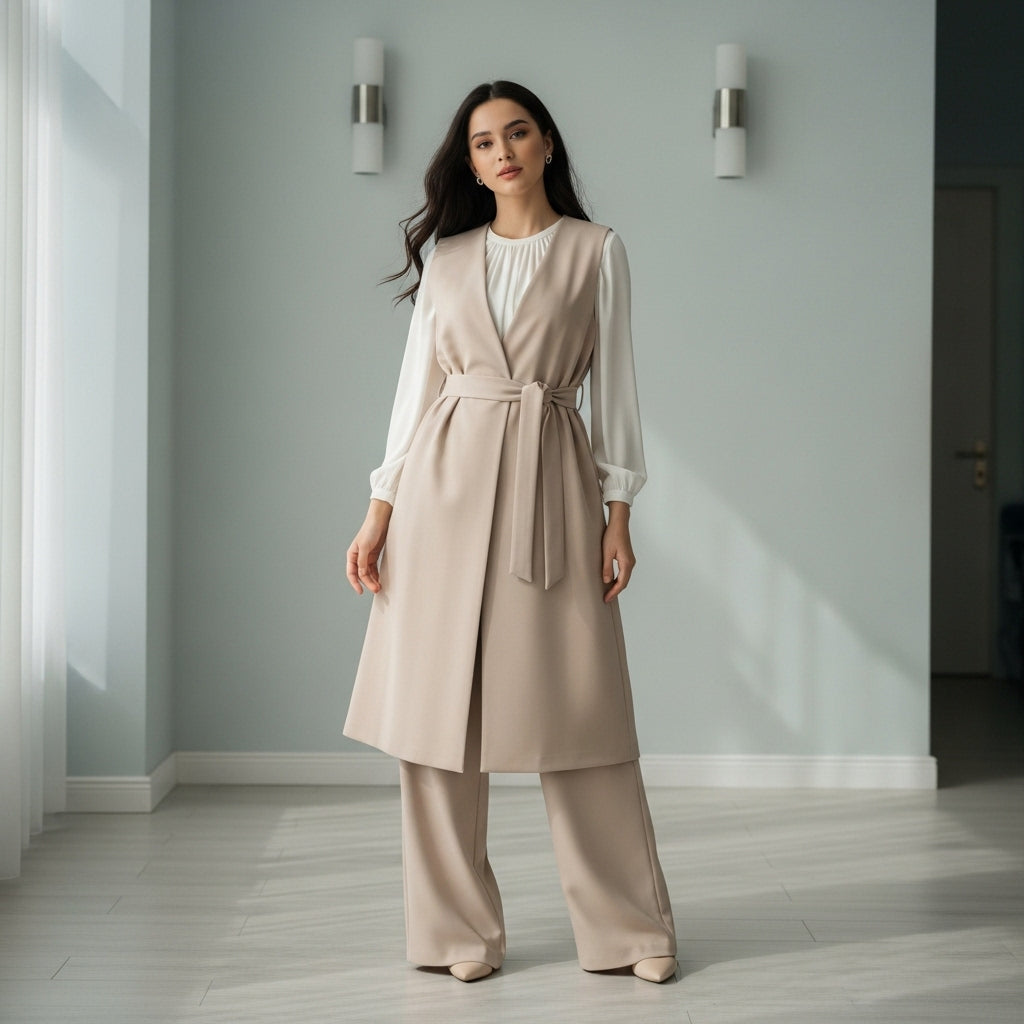 Sleeveless Belted Modest Set Beige 3 pièces