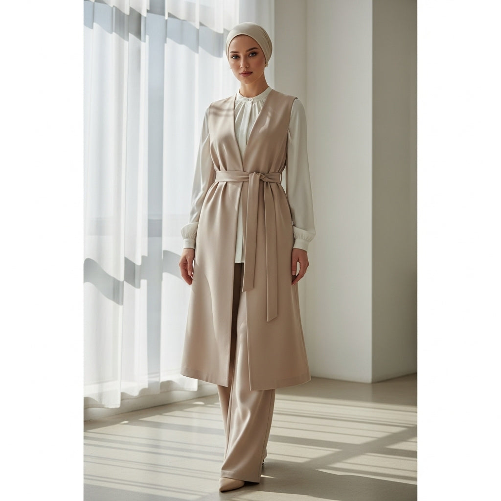 Sleeveless Belted Modest Set Beige 3 pièces