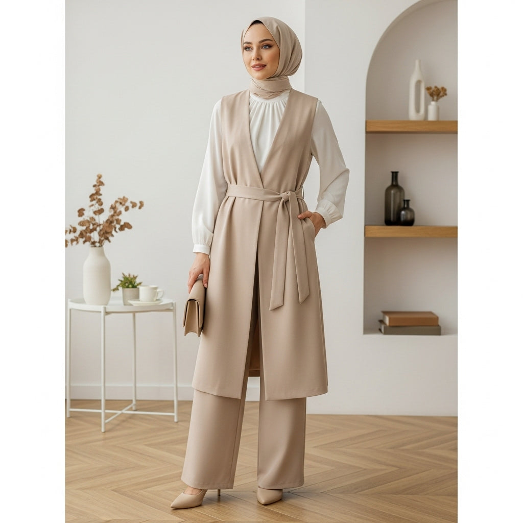 Sleeveless Belted Modest Set Beige 3 pièces