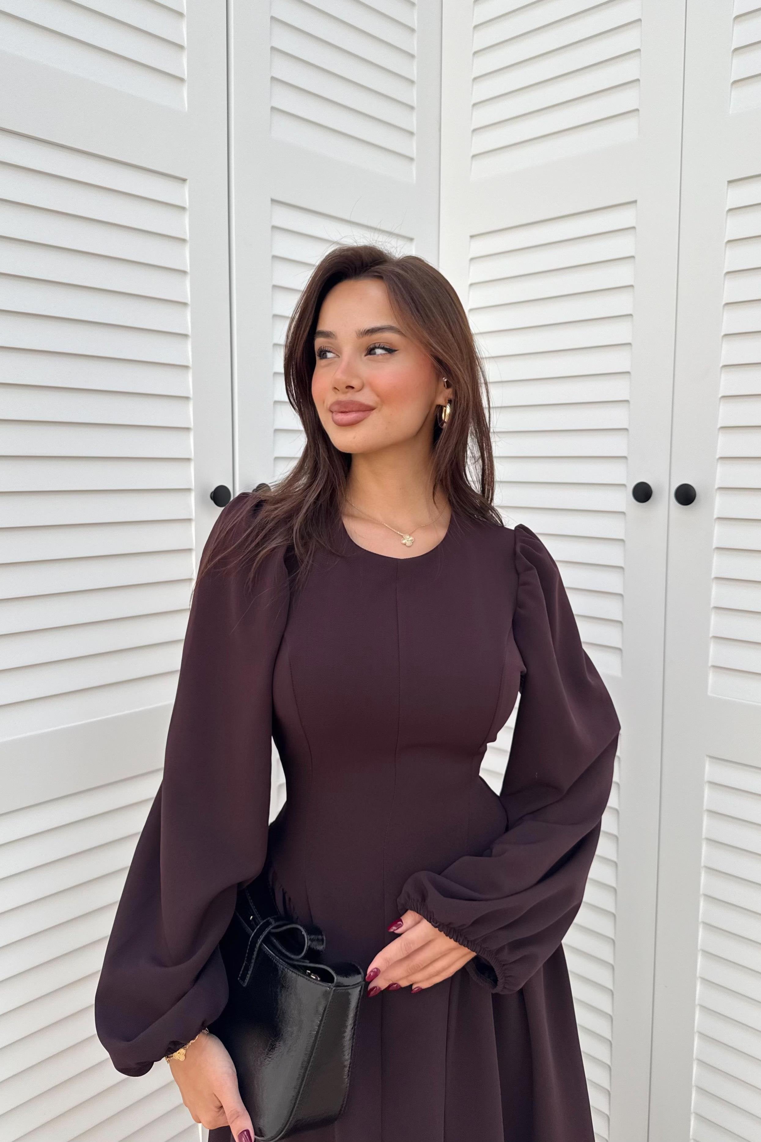 Balloon Sleeve Long Dress - BROWN