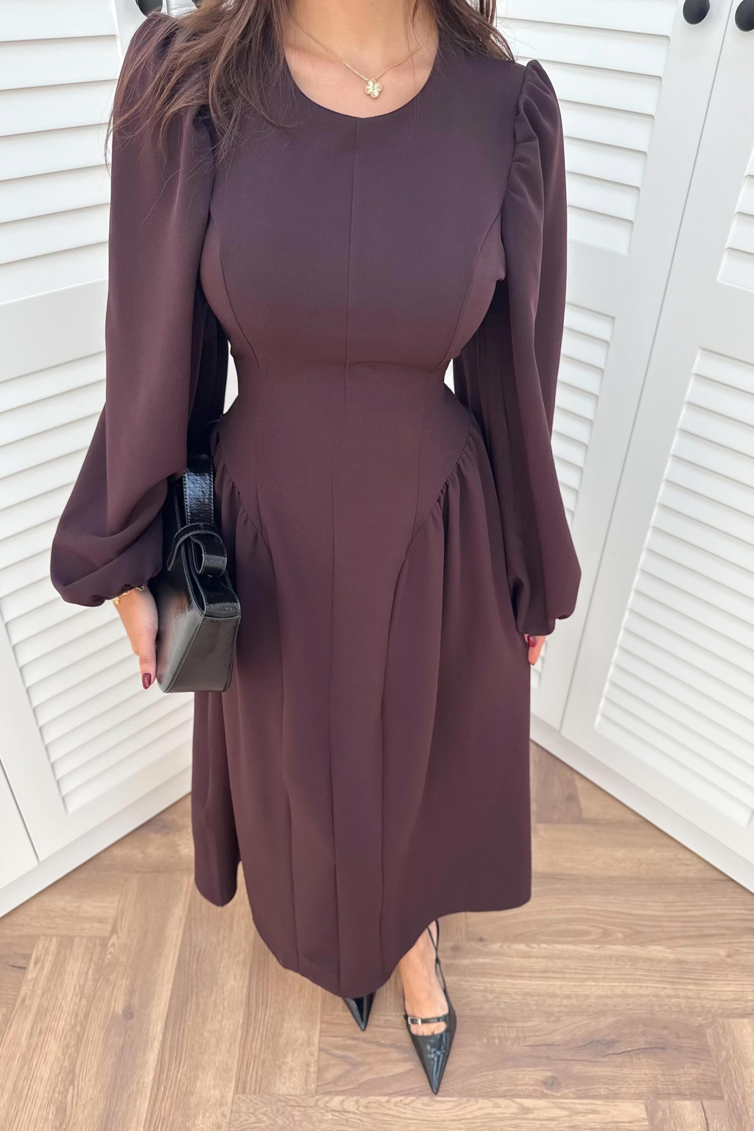 Balloon Sleeve Long Dress - BROWN
