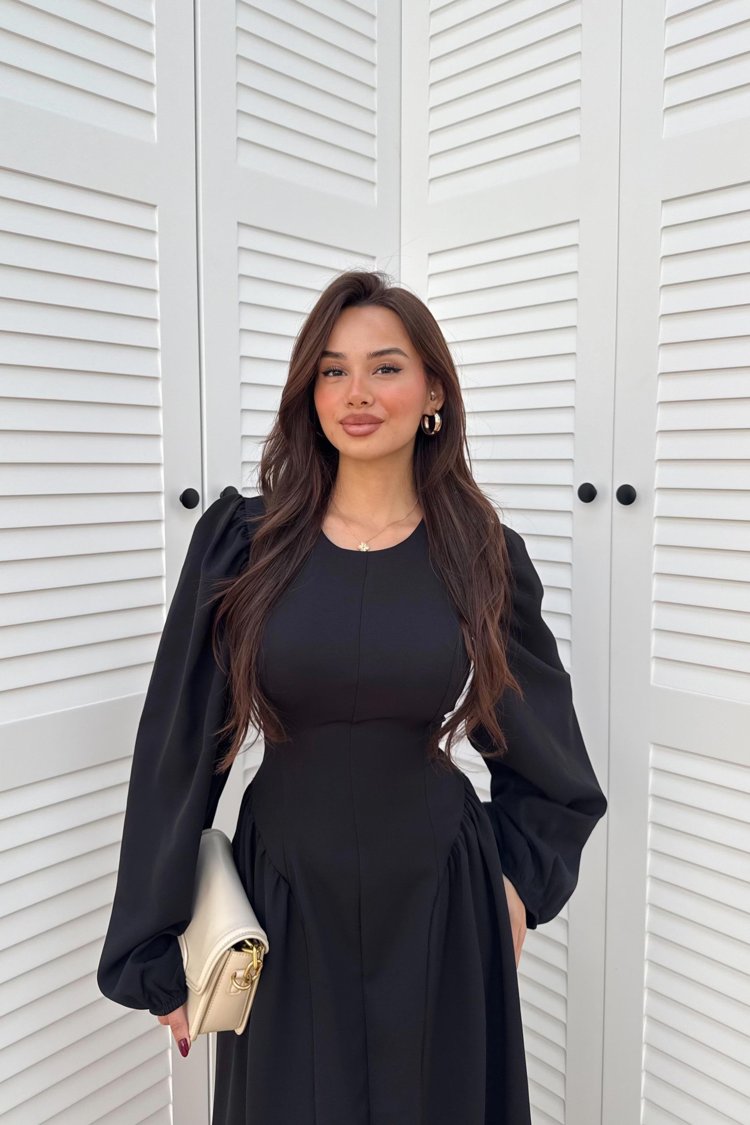 Balloon Sleeve Long Dress - BROWN