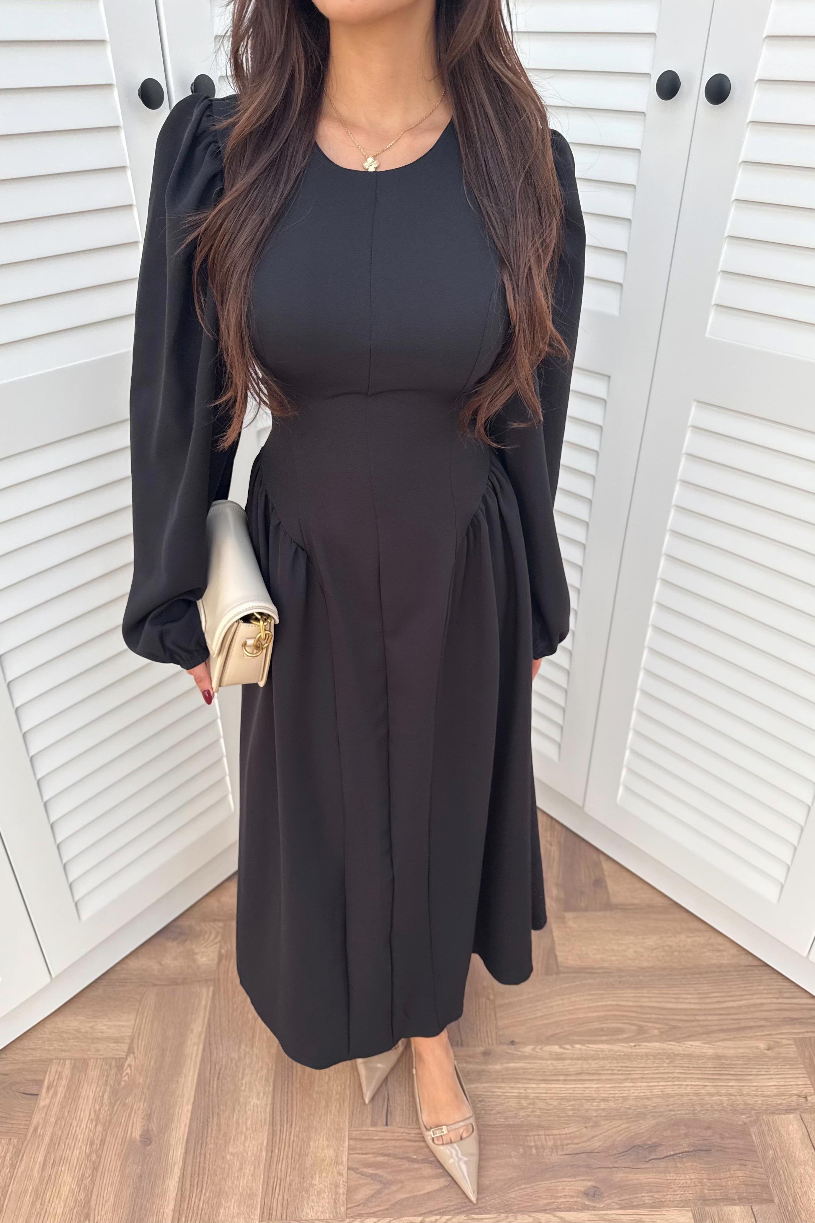Balloon Sleeve Long Dress - BROWN
