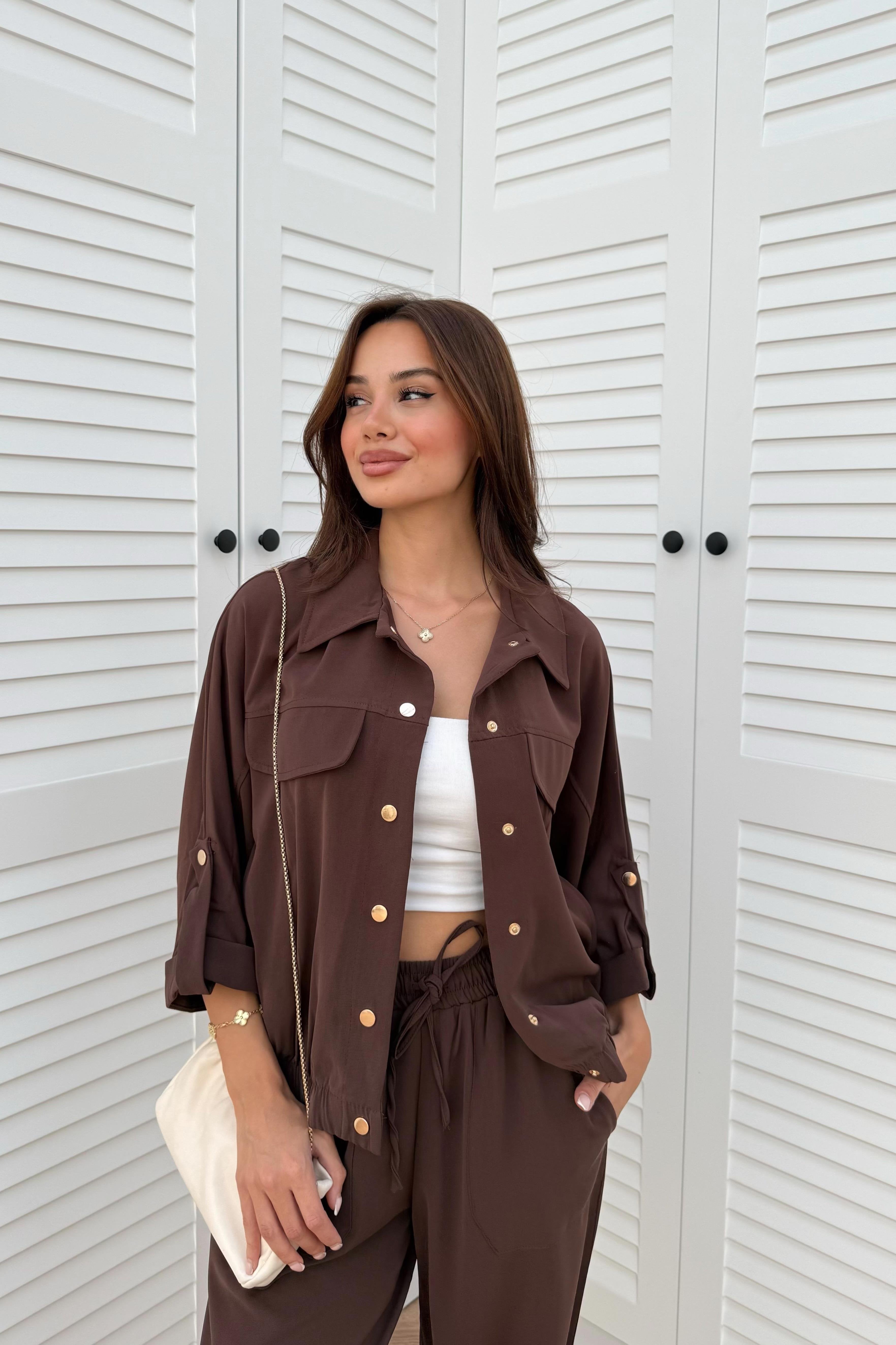 Snap Button Trouser Suit - BROWN