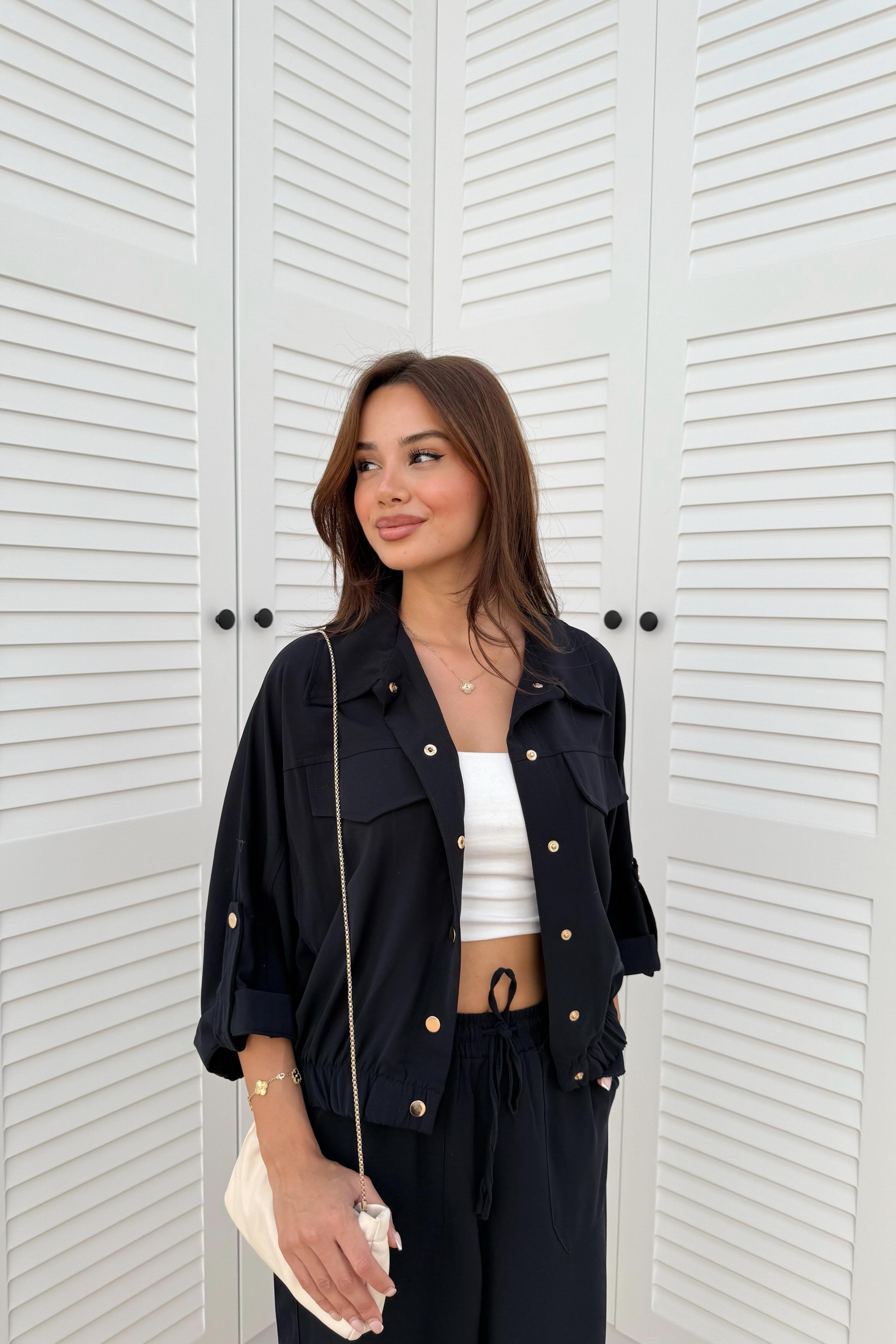 Snap Button Trouser Suit - NAVY BLUE