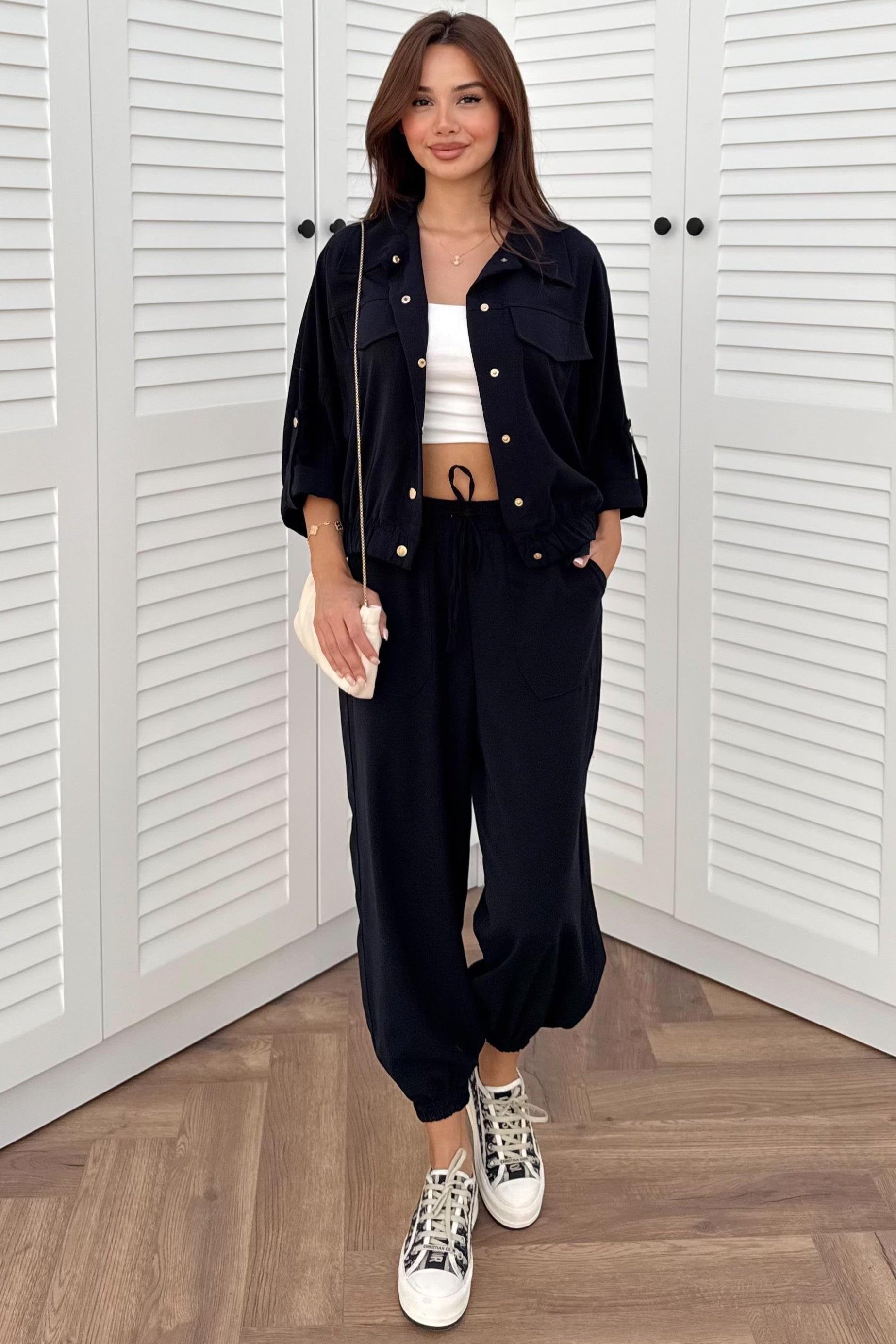 Snap Button Trouser Suit - BROWN