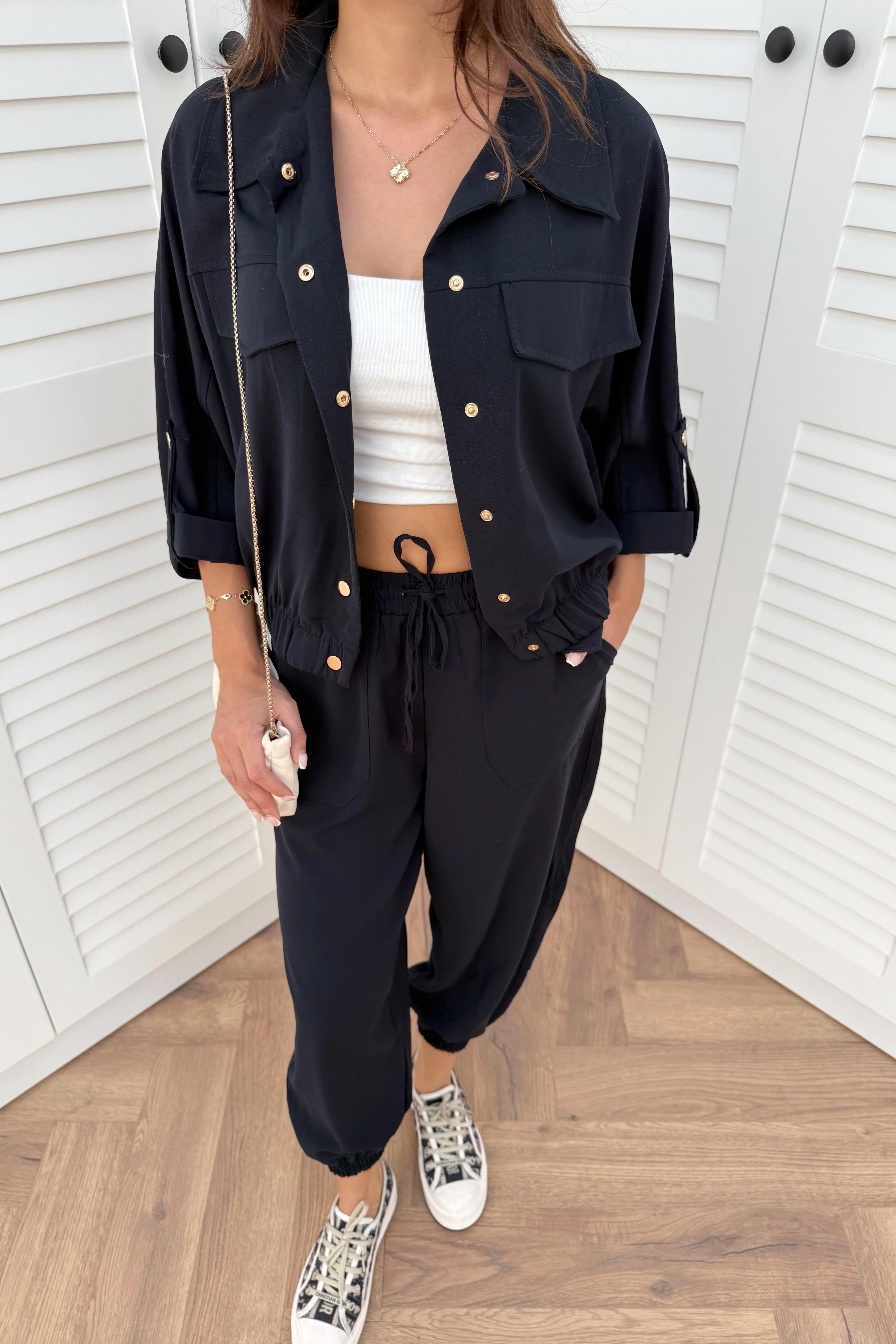 Snap Button Trouser Suit - NAVY BLUE