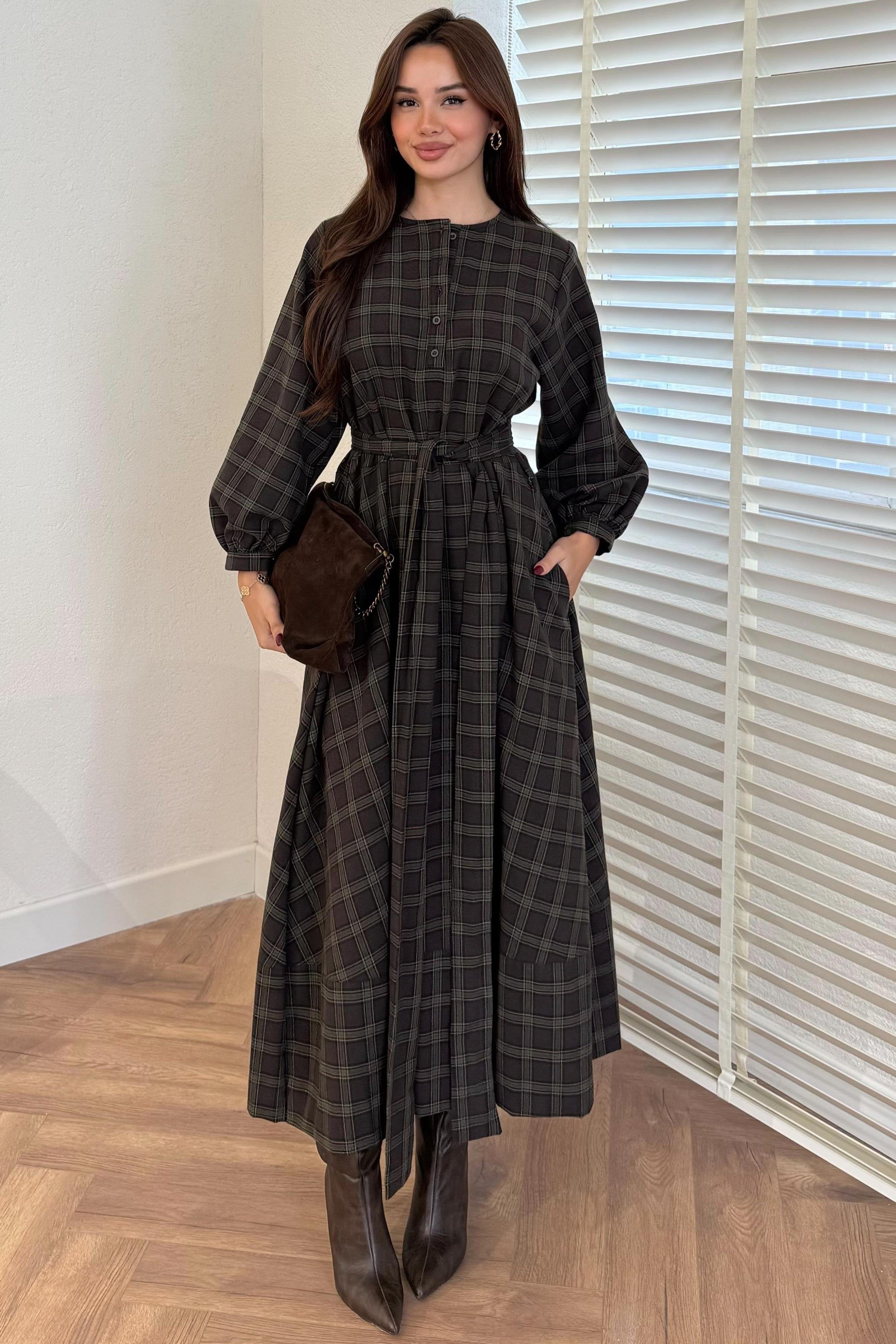 Plaid Patterned Dress - BROWN