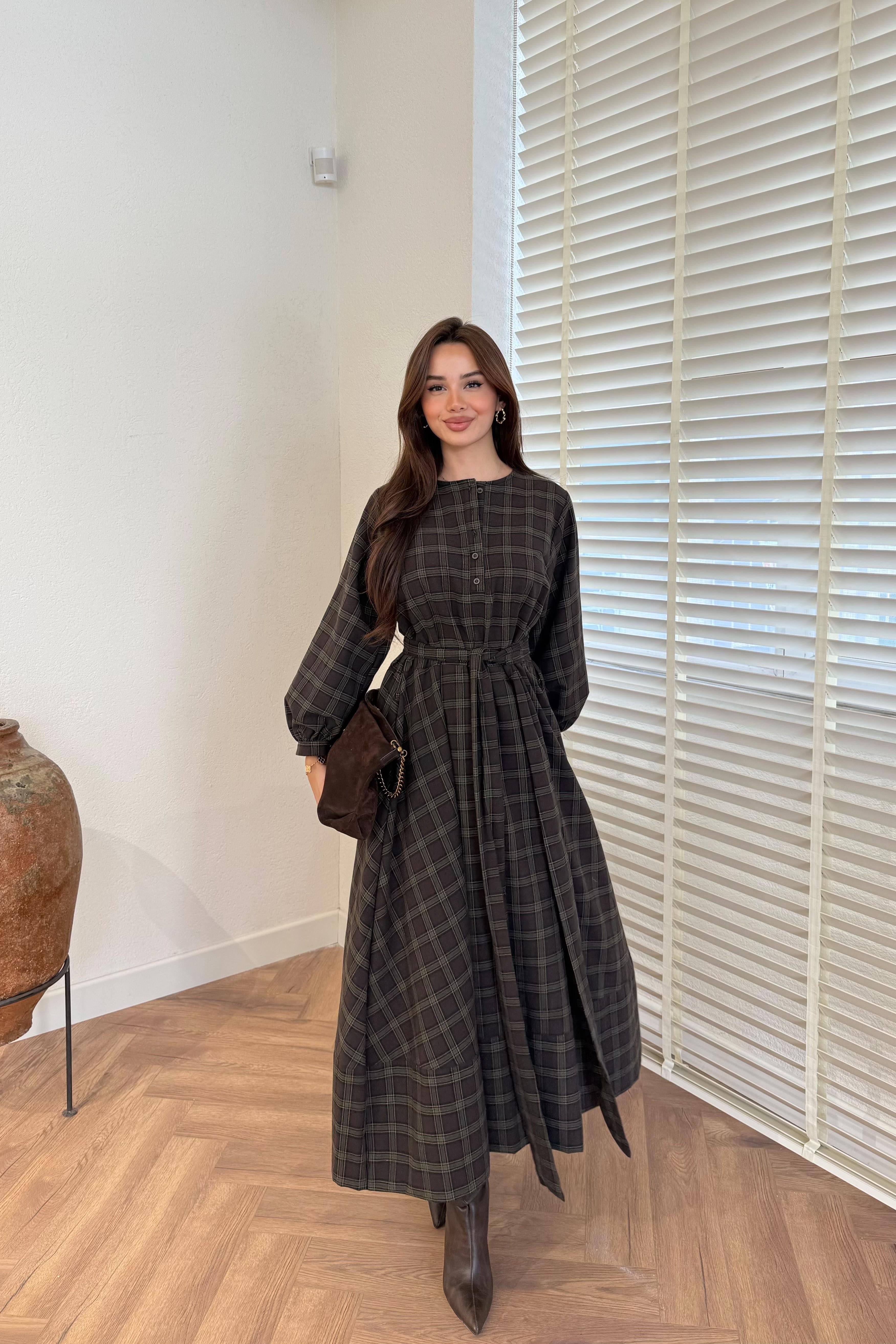 Plaid Patterned Dress - BROWN