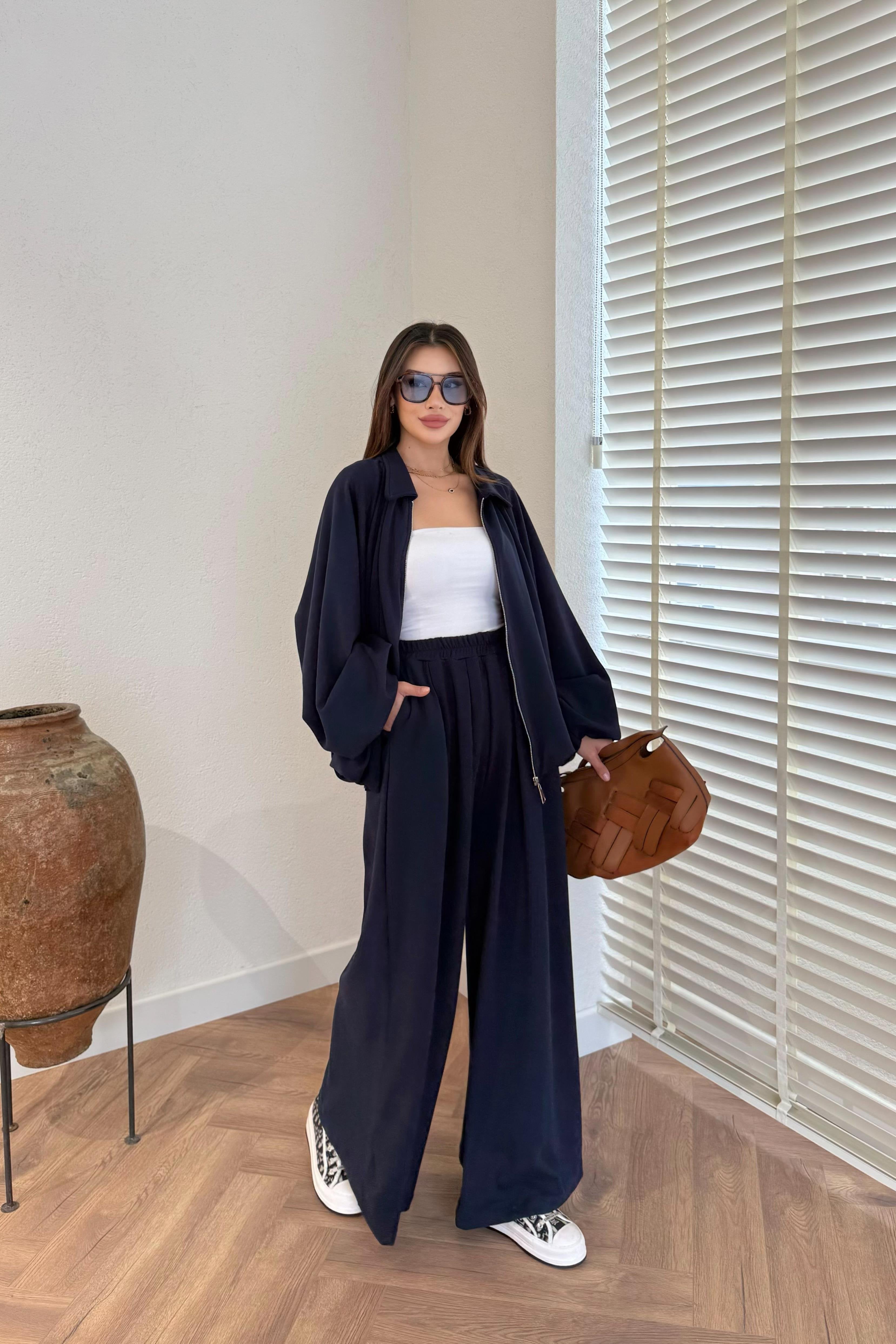 Zippered Oversize Sports Suit - NAVY BLUE