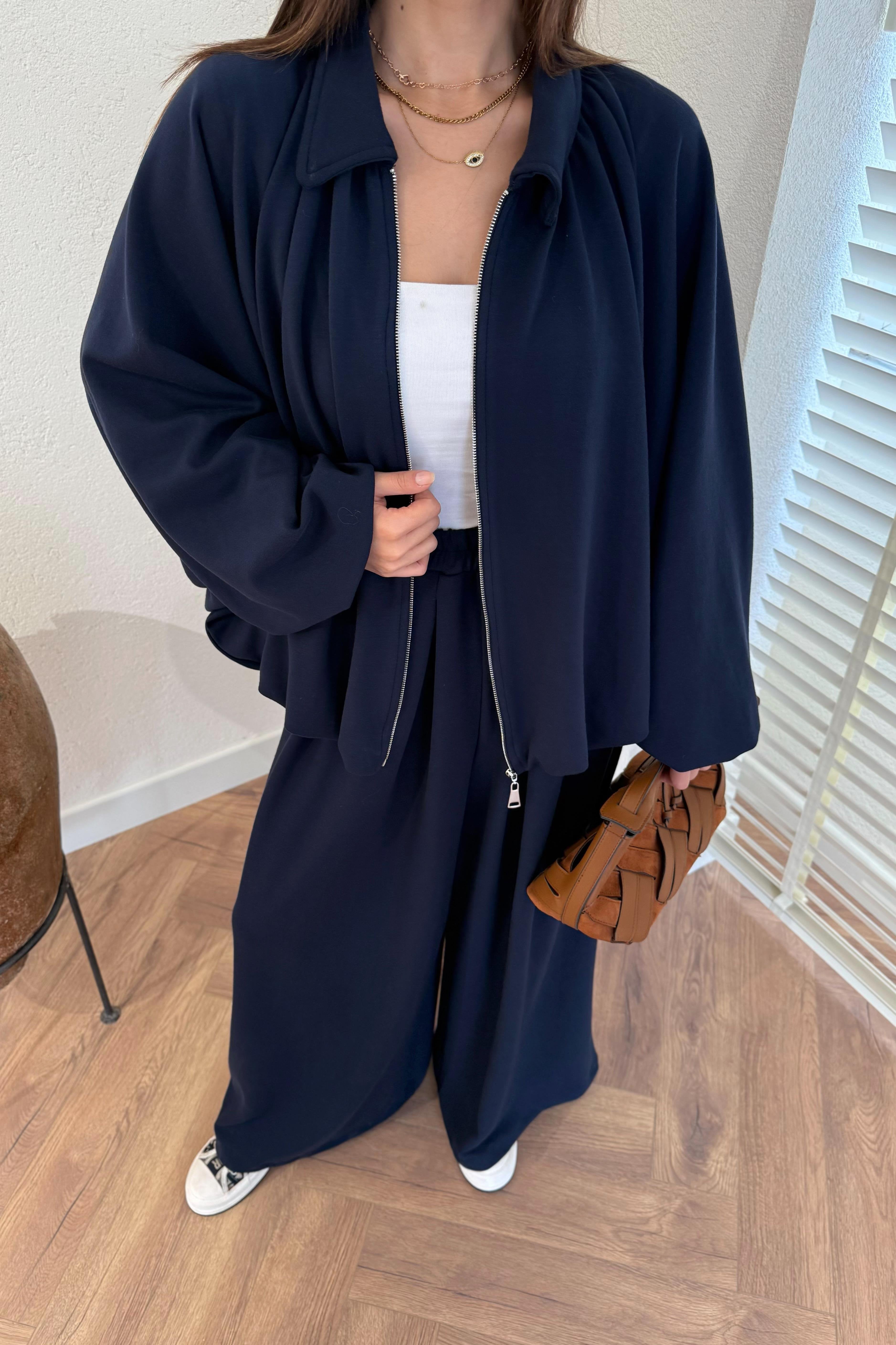 Zippered Oversize Sports Suit - NAVY BLUE