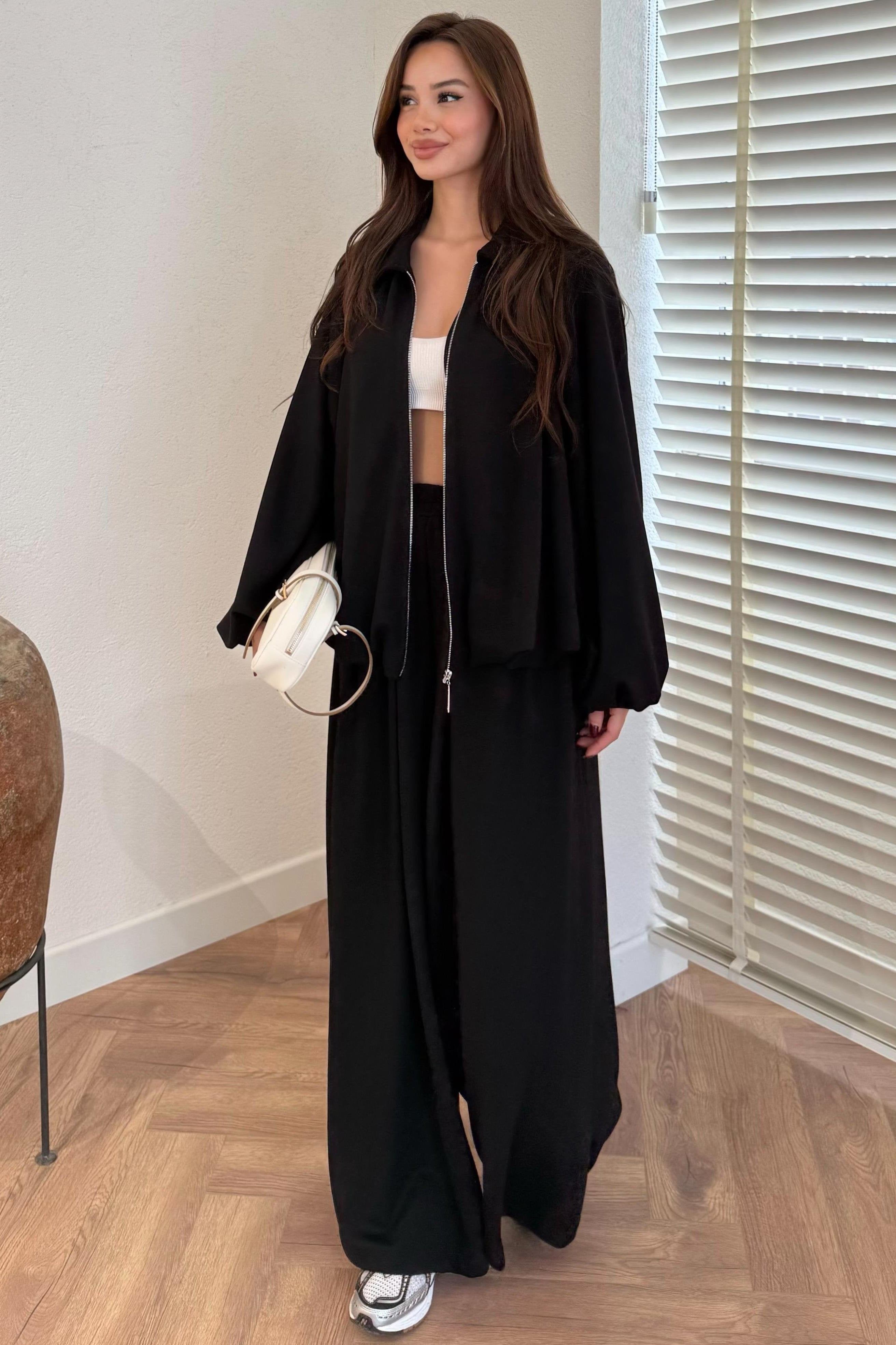 Zippered Oversize Sports Suit - BLACK