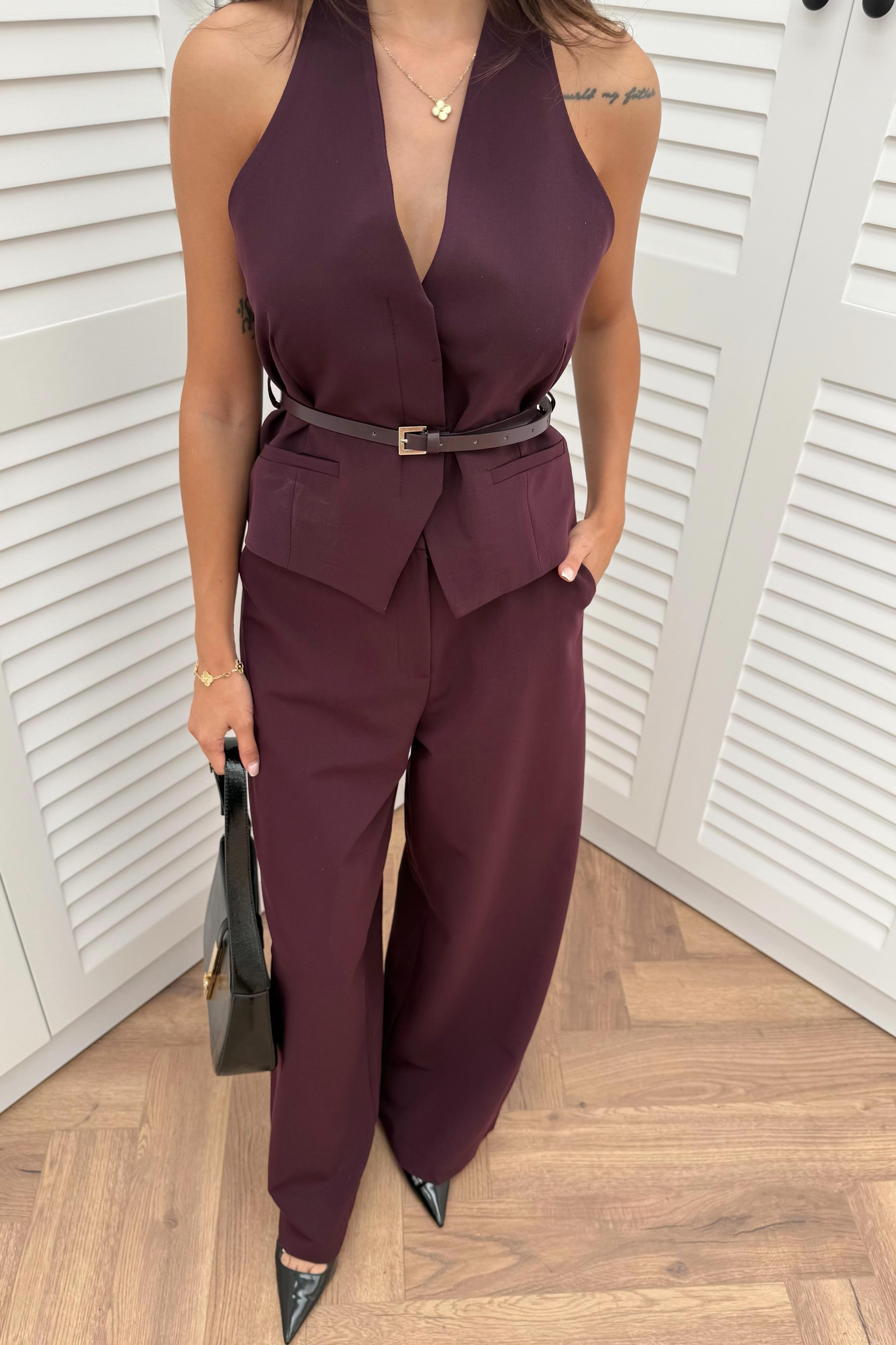 Belted Vest and Trouser Set - COFFEE