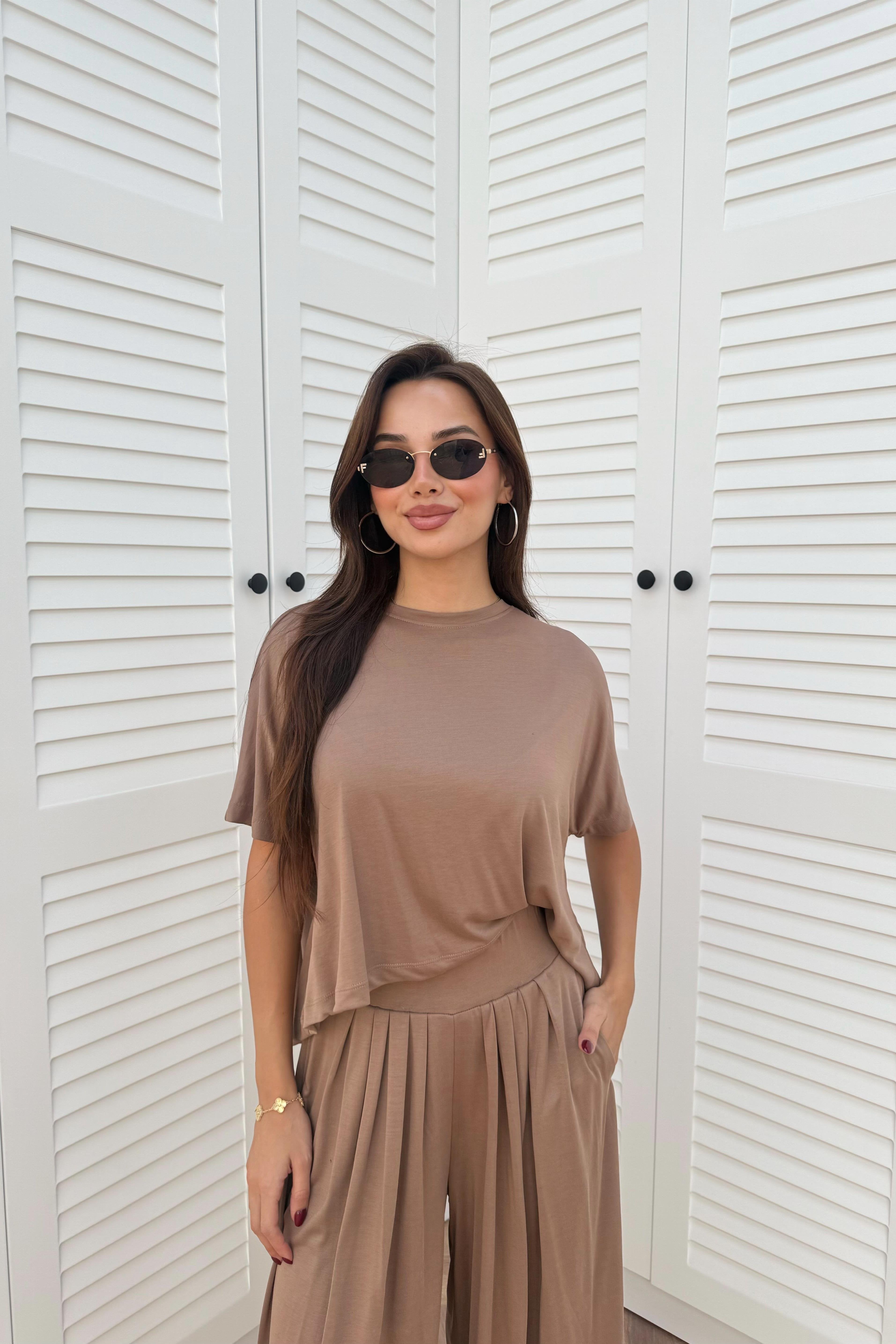 Short Sleeve Modal Shalwar Trouser Set - BROWN