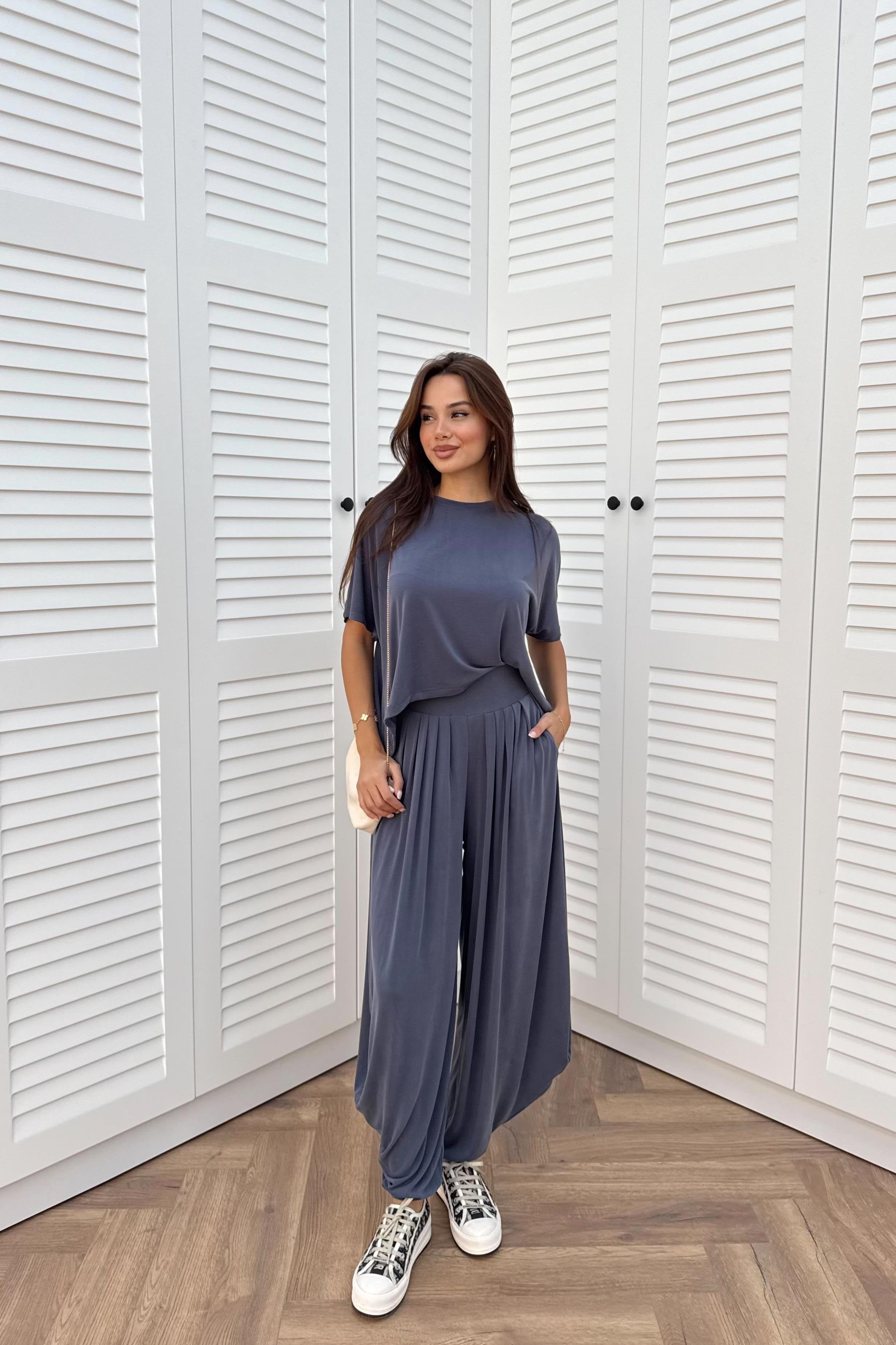 Short Sleeve Modal Shalwar Trouser Set - İNDİGO