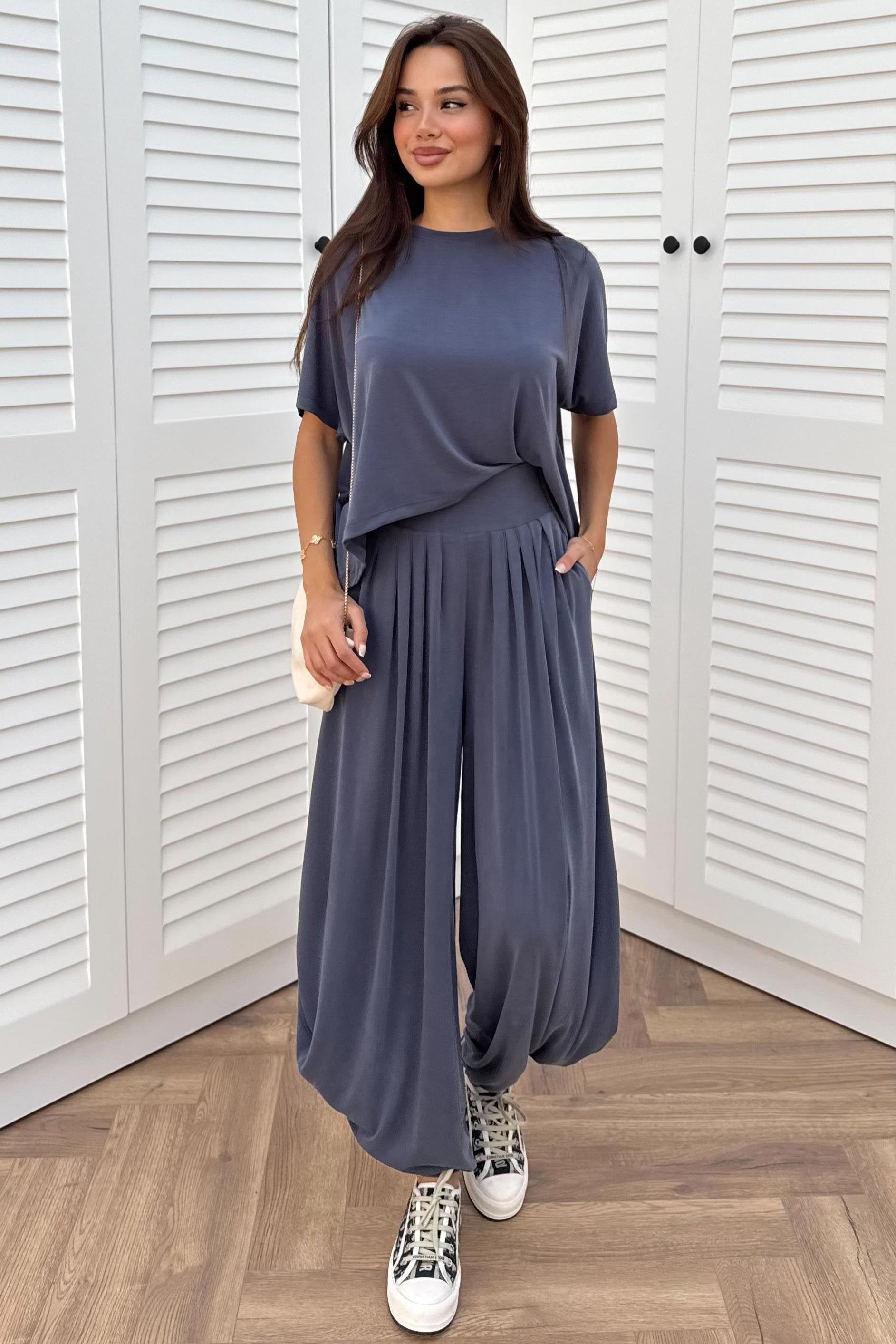 Short Sleeve Modal Shalwar Trouser Set - GRAY