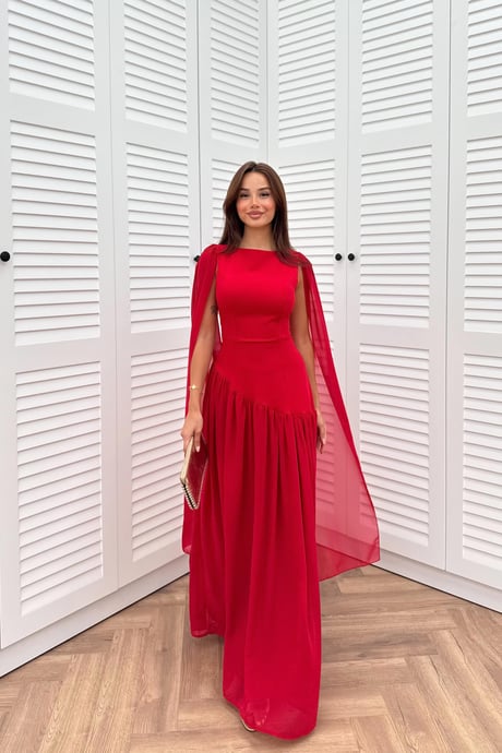 Cape-Sleeved Dress - RED