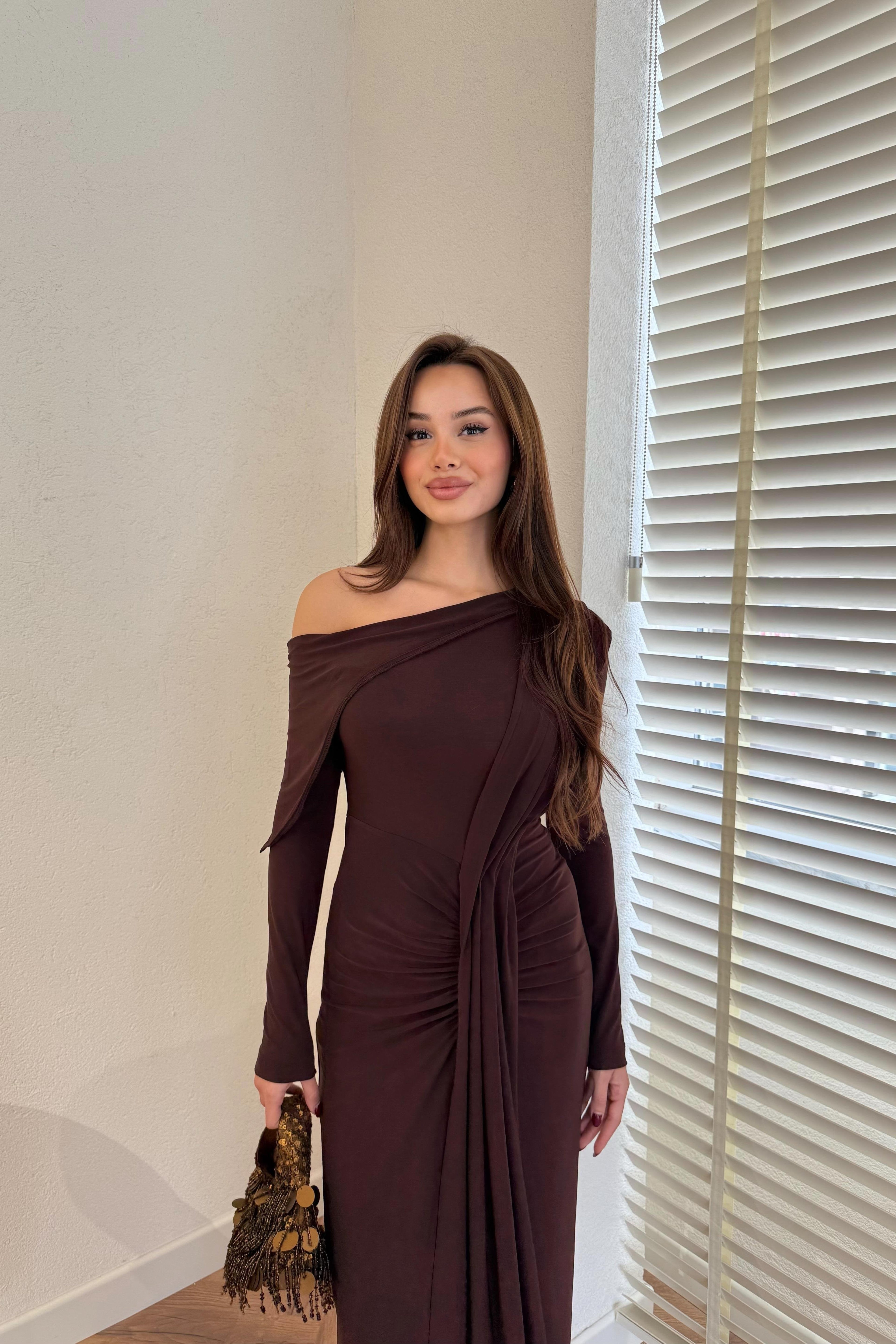 Pleated Off-the-Shoulder Flowing Dress - BLACK