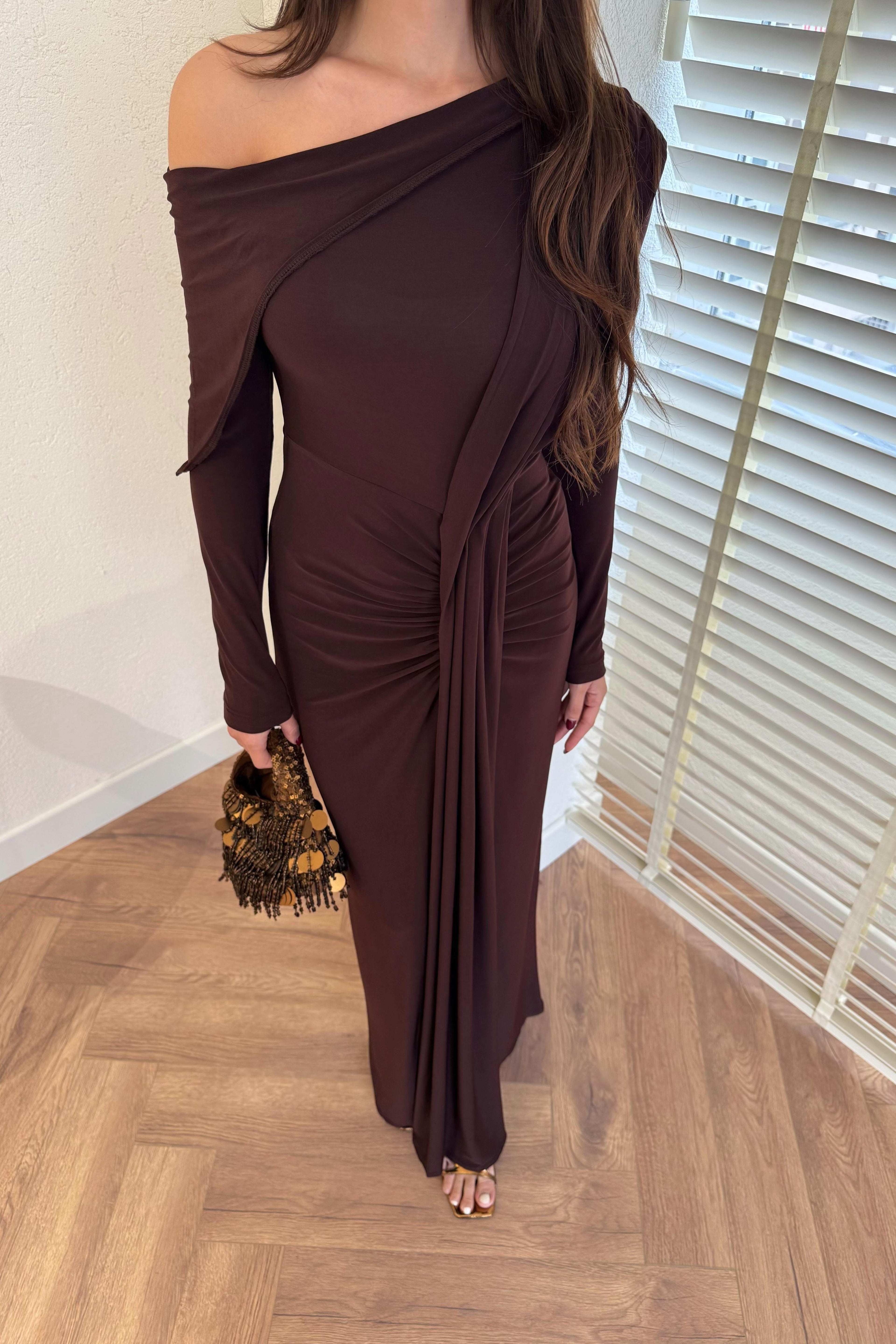 Pleated Off-the-Shoulder Flowing Dress - BLACK