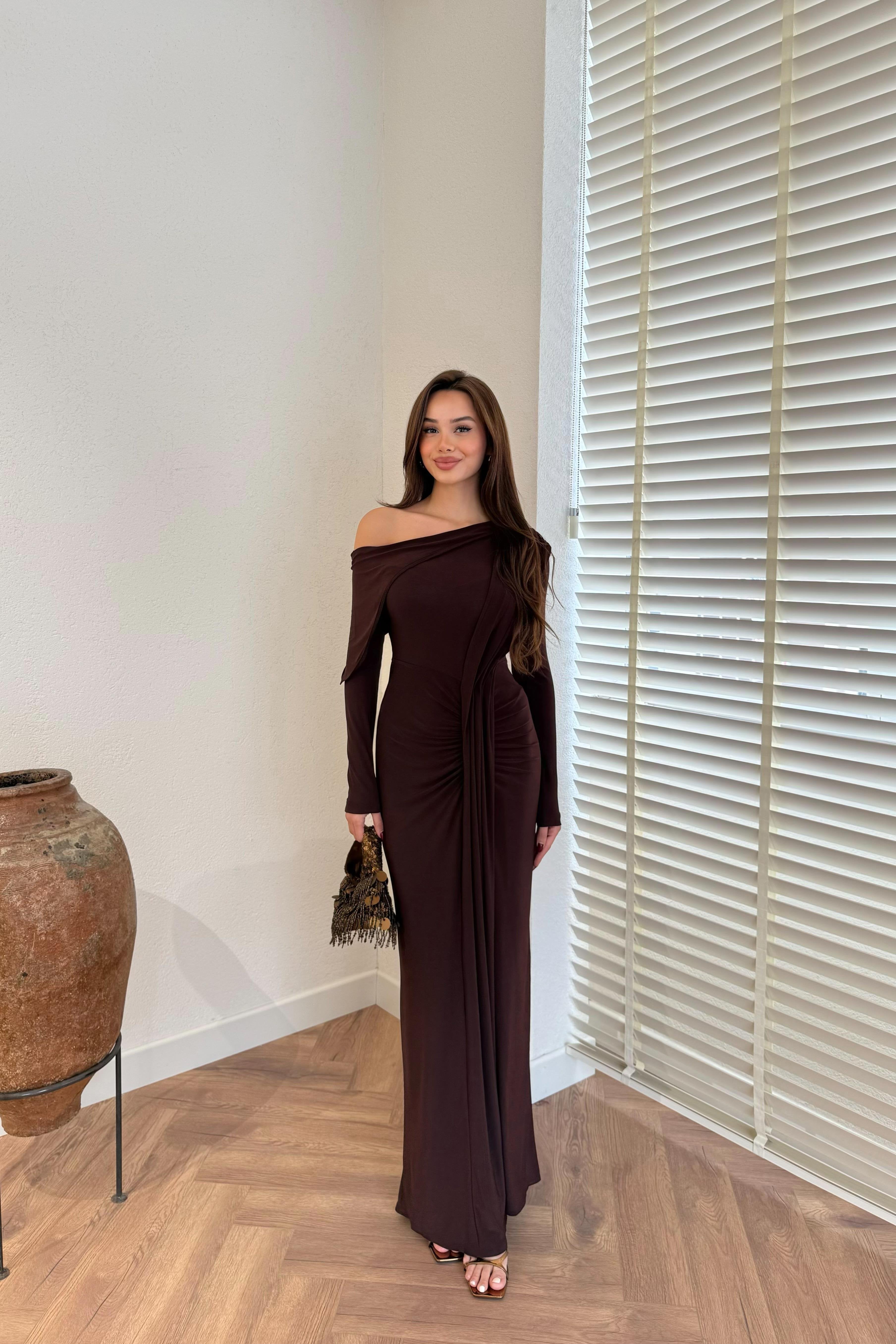 Pleated Off-the-Shoulder Flowing Dress - BLACK