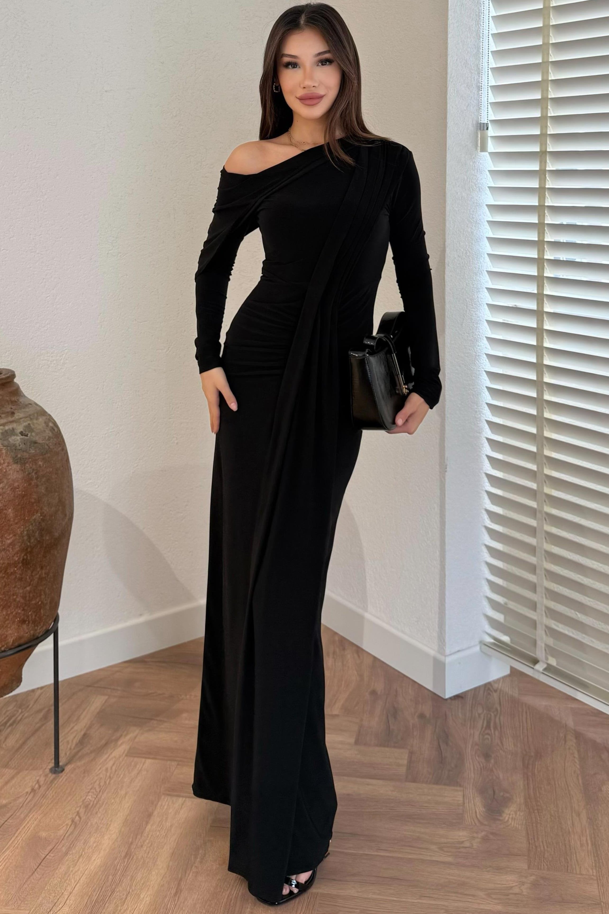 Pleated Off-the-Shoulder Flowing Dress - BLACK